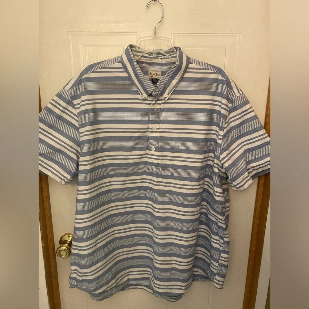 J. Crew Blue and White Striped Short-Sleeve Boating Shirt